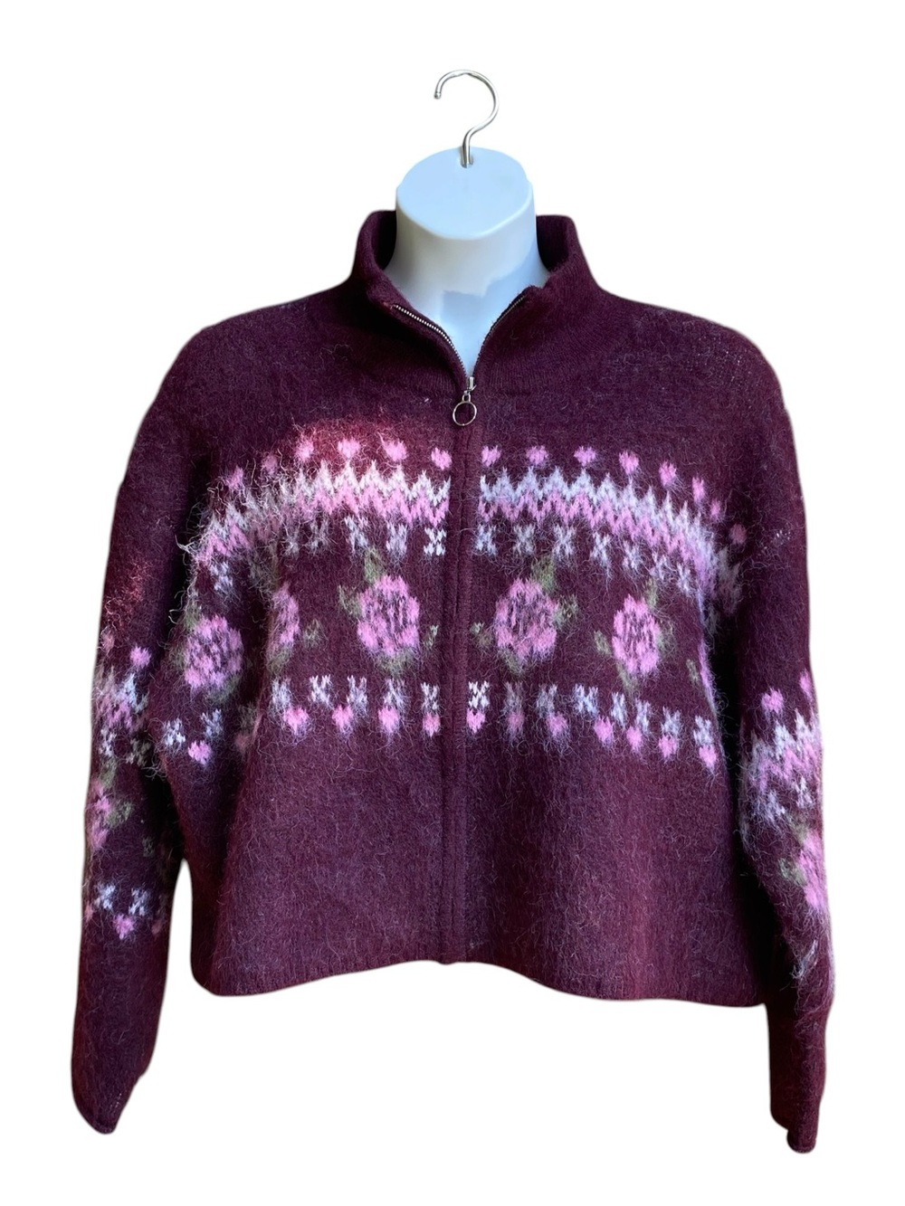 Wild Fable Sweater Cardigan Floral Fair Isle Mock Neck Burgundy Size XXL NWT